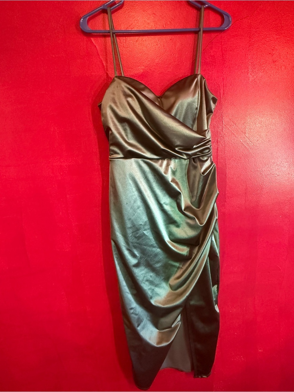 Satin Green Draped Dress with spaghetti straps & a slit.